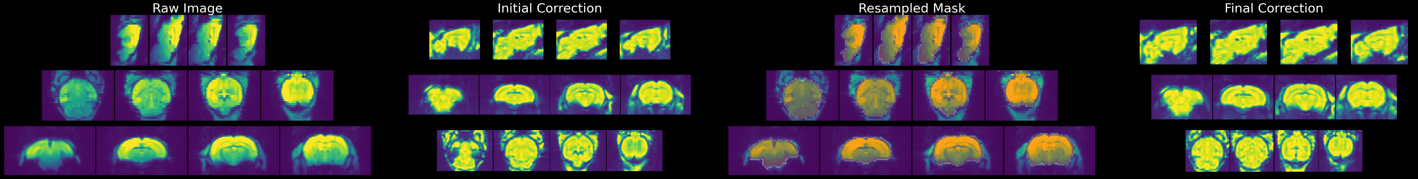 Four-column figure showing the stages of functional inhomogeneity correction